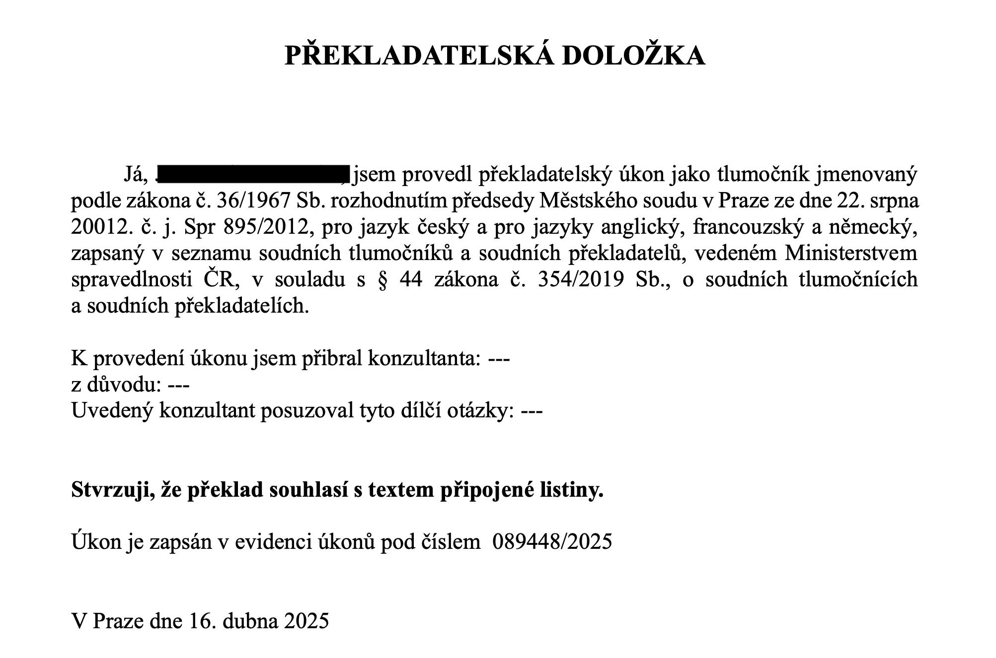Czech certified sworn translation certificate for Indian applicant